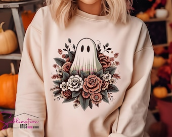 Słodkie Halloweenowe Duchy Png | Duchy Z Kwiatami Png | Vintage Duch Png | Uroczy Kwiatowy Dyniowy Duch Bluza | Retro Upiorny Duch Png