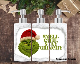 Opakowanie na dozownik mydła Grinch w formacie PNG | Zabawna etykieta na butelkę świąteczną (pobranie cyfrowe)