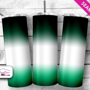 May include: Three stainless steel tumblers with a green to white ombre design. The tumblers are seamless and have a black lid.