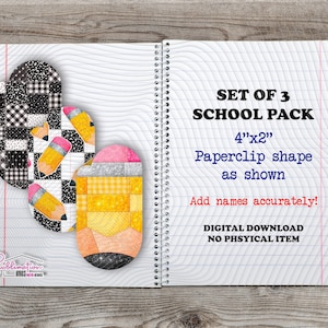 May include: A set of three paperclip-shaped designs, including a black and white patchwork pattern and pencil-themed designs. The text reads "SET OF 3 SCHOOL PACK 4"x2" Paperclip shape as shown". The image is on a spiral notebook.