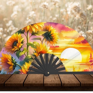 Clack Fan PNG Design for Birthdays & Graduations, - Sunflowers and Sunset - Clack Fan Sublimation Design for Graduation, Festivals - Digital