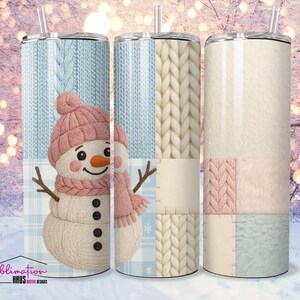 Snowman Knit Tumbler Wrap | Cozy Winter 20oz PNG | Pastel Pink & Blue Patchwork Design | Yarn Textured Christmas Sublimation