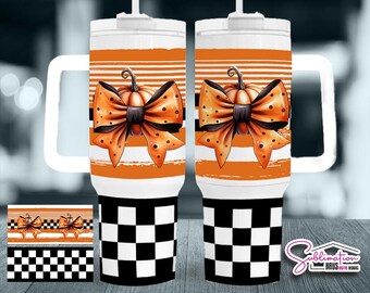 Retro Halloween Ghost Tumbler: Coquette Bow, Checkered 40oz PNG (Digital Download)