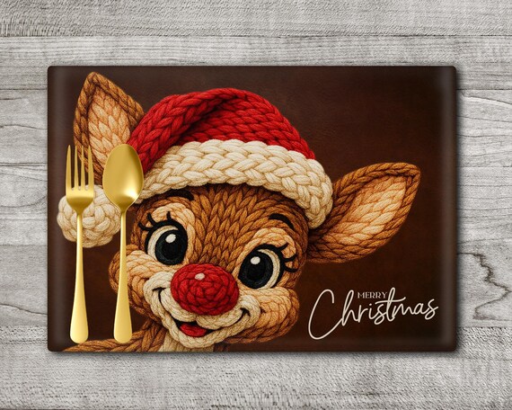 Cute Yarn Reindeer Christmas Cutting Board Design | Cozy Holiday Digital Kitchen PNG | Rustic Santa Reindeer Art Sublimation | Placemat