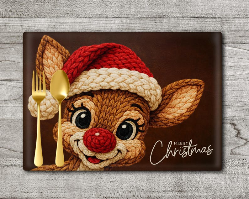 Op de afbeelding: Een rechthoekige placemat met een cartoon rendier met een kerstmuts, rode neus en lachend gezicht. De placemat heeft een bruine achtergrond met de woorden "Merry Christmas" in witte letters. Een gouden vork en lepel staan links.