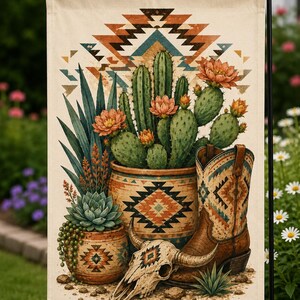 Southwest Garden Flag PNG | Aztec Cactus Pot Sublimation Design | Western Porch Decor | Desert Summer Garden Flag | Digital Download