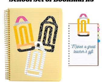 May include: A set of three printable bookmarks featuring a pencil, a paperclip, and a sheet of lined paper. The bookmarks are designed to look like school supplies and are perfect for teachers or students.