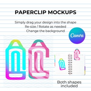 May include: Two colorful paperclip mockups on a lined notebook background. The paperclips are in different styles, one with a gradient of pink, blue, and yellow, and the other with a pink and teal swirl pattern. The text "PAPERCLIP MOCKUPS" is at the top of the image, and the text "Both shapes included" is at the bottom.