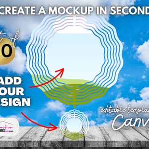 May include: A set of 10 round sublimation blanks with a wavy design. The blanks are shown against a blue sky with white clouds. The text "CREATE A MOCKUP IN SECONDS!" is at the top of the image. The text "Set of 10" is in a gold circle. The text "ADD YOUR DESIGN" is in red and white. The text "editable template in Canva" is in white. The blanks are shown on a wooden surface.