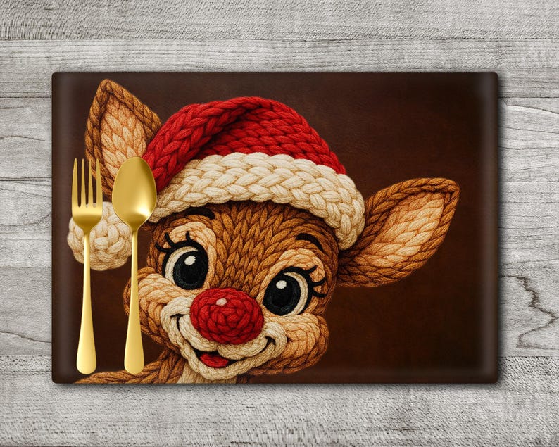 Op de afbeelding: Een rechthoekige placemat met een cartoon rendier met een rood-witte kerstmuts. Het rendier heeft een rode neus en lacht. Een gouden vork en lepel staan links. De achtergrond is bruin.