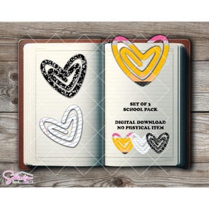 Conjunto de 3 Clipes de Papel PNG | Conjunto de Escola de Papel, Presente para Professores, Clipe de Papel png, Desenhos de Clipes de Papel, Lápis, Papel Composto e Pautado Formas de CORAÇÃO