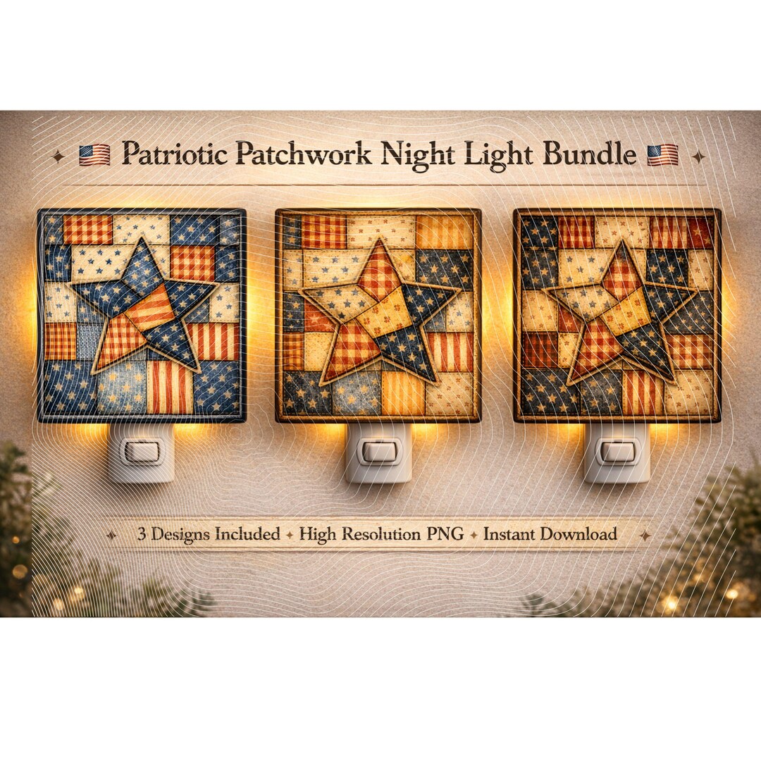 Patriotic Patchwork Night Light PNG Bundle, Americana Star Quilt Design ...