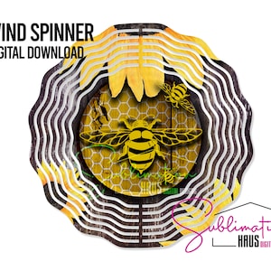 May include: A digital download design for a wind spinner featuring a yellow and black bee on a honeycomb background with sunflowers. The design is on a woodgrain background with a wavy pattern.