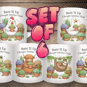 May include: Set of six white ceramic mugs with the text "Succ It Up I Bought Another Plant." Each mug features a different cartoon animal holding a potted succulent: a chicken, duck, frog, Highland cow, sloth, and bee.