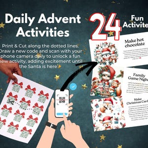 Puede incluir: Un calendario de adviento imprimible con 24 actividades diarias. Cada día presenta un nuevo código para escanear con la cámara del teléfono para desbloquear una actividad divertida. Las actividades incluyen hacer chocolate caliente, una noche de juegos en familia y hacer tarjetas de Navidad. El calendario presenta una ilustración festiva de una familia de zorros.