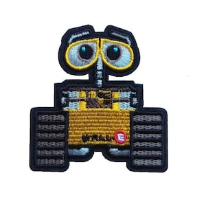 May include: An embroidered patch of WALL-E, a robot character from the animated film WALL-E. The patch is yellow and black and features WALL-E's signature large eyes, a small body, and treads.