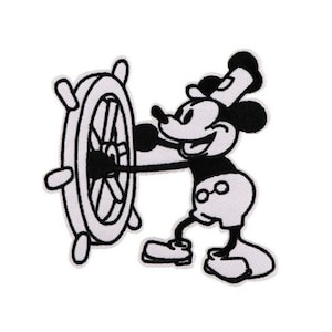 May include: Black and white embroidered iron-on patch of Mickey Mouse dressed as a sailor, holding a ship's wheel.