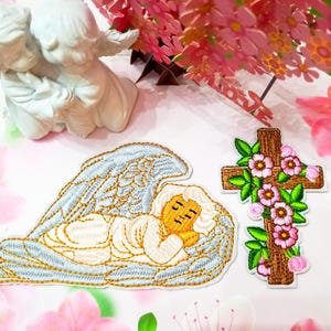 Holy Bible Cherub Angel Cross Wings Embroidery Iron On Patch