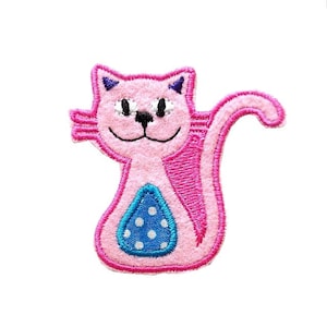 May include: Pink felt cat applique with a blue and white polka dot belly.