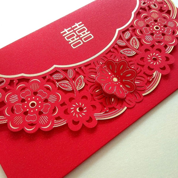 Double Happiness Flower Chinese Wedding Cash Enveloppen Red Packet Money Holder