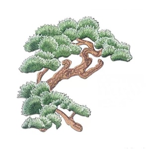 May include: Embroidered iron-on patch of a green pine tree with brown branches. The tree is stylized to look like a bonsai tree.