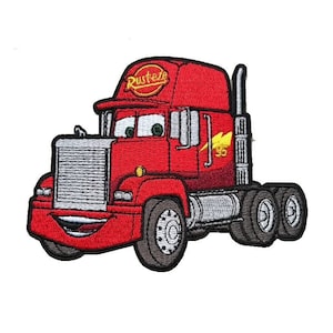 May include: Red cartoon truck with a smiling face and the words "Rust-eze" on the side. The truck has a yellow lightning bolt on the side and a black outline.