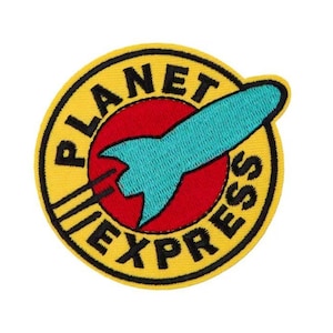 Puede incluir: Un círculo amarillo con las palabras "Planet Express" en letras negras alrededor del borde. Un círculo rojo con una nave espacial azul está en el centro.