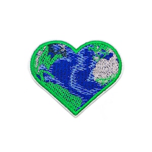 May include: Green heart-shaped embroidered patch with a blue and white embroidered image of the Earth.