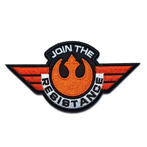 Op de afbeelding: Zwarte en oranje geborduurde patch met een wit Rebel Alliance-symbool en de tekst "Join the Resistance".
