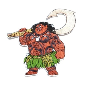May include: Embroidered patch featuring a cartoon character with red skin, black hair, and tattoos. The character wears a green leaf skirt and holds a large, curved hook. The patch has a white border.