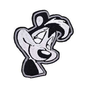 Könnte beinhalten: Schwarz-weiß gestickter Bügel-Patch eines Cartoon-Hundes mit einem überraschten Ausdruck.