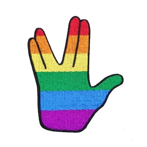 May include: A rainbow-colored embroidered patch in the shape of a hand making the Vulcan salute.