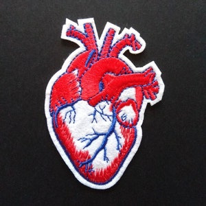 May include: Red embroidered heart patch with blue veins and a white background. The heart is stitched with a detailed anatomical design.