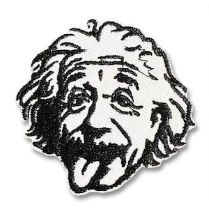 Puede incluir: Parche bordado en blanco y negro de Albert Einstein sacando la lengua.