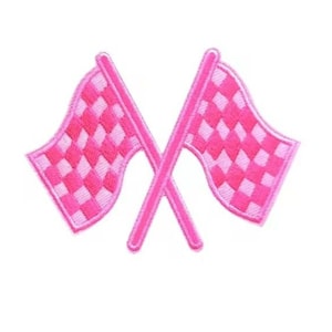 May include: Two pink checkered racing flags crossed over each other. The flags are a bright pink with white squares.