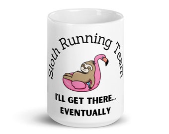 Sloth Running Team Mug, Funny Flamingo Pool Float Coffee Cup