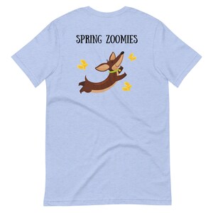 May include: Light blue t-shirt with the text "SPRING ZOOMIES" and a cartoon image of a brown dachshund running with yellow butterflies.