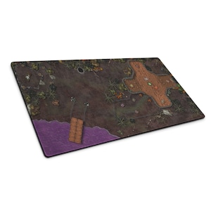 May include: A rectangular gaming mat with a detailed fantasy map design. The map shows a dock, a purple lake, a wooden structure, and a central building with a cross-shaped design. The color scheme includes shades of brown, green, and purple.