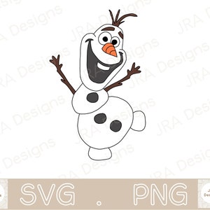May include: A white snowman with black eyes and buttons, a brown twig nose, and brown twig arms raised in the air. The snowman is smiling with a wide open mouth.