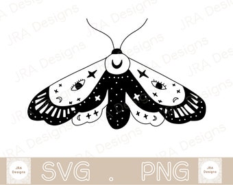 May include: Black and white illustration of a moth with a crescent moon on its head and stars and eyes on its wings.