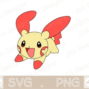 May include: A cartoon illustration of a yellow and red Pokemon character with large ears and a happy expression. The character is flying in the air with its arms and legs outstretched.