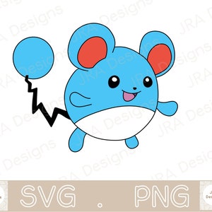 May include: A blue and white cartoon mouse with red ears and a lightning bolt tail. The mouse is smiling and has large, black eyes.