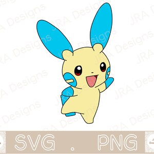 May include: A cartoon illustration of a yellow and blue Pokemon character with a big smile and blue ears. The character is standing on a white background.