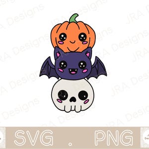 May include: A stack of three cute cartoon characters featuring an orange pumpkin on top, a purple bat in the middle, and a white skull on the bottom. Each character has large black eyes, pink cheeks, and a simple, friendly facial expression.