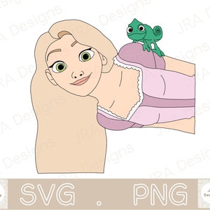 May include: A digital illustration of a long-haired woman with a purple dress and a green chameleon on her shoulder. The woman has a light pink dress with white lace trim. The chameleon is green with yellow eyes.