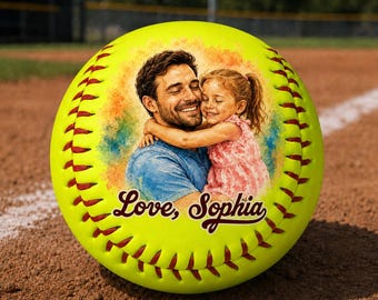 Personalized Softball Fathers Day Gift, Custom Watercolor Dad & Kids Portrait Softball Baseball, Sports Dad Gift, Grandpa Coach Dad Keepsake