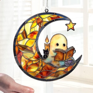 Cute Ghost Window Hanging Stained Glass, Ghost Reading Book On Moon Acrylic Suncatcher, Halloween Book Lovers Gift, Halloween Bathroom Decor