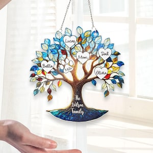 Personalized Family Tree Stained Glass Suncatcher, Tree Of Life Suncatcher, Family Gift, Custom Name Family Suncatcher Window Hanging Decor