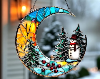 Window Hanging Moon And Pine Trees Christmas Acrylic Suncatcher Ornament, Holiday Decor, Unique Christmas Gifts, Snowman Stained Glass Art