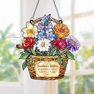 Personalized Birth Month Flower Stained Glass, Grandma's Garden Suncatcher Acrylic Window Hanging, Mothers Day Gift, Grandma Gift, Mom Gifts